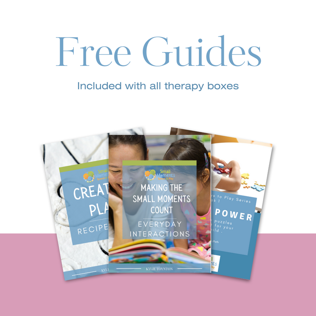 Image shows examples of three guides available with the at home therapy kits from Small Moments Speech & Play. Featured is the cerative play recipe book, everyday interactions, puzzle power