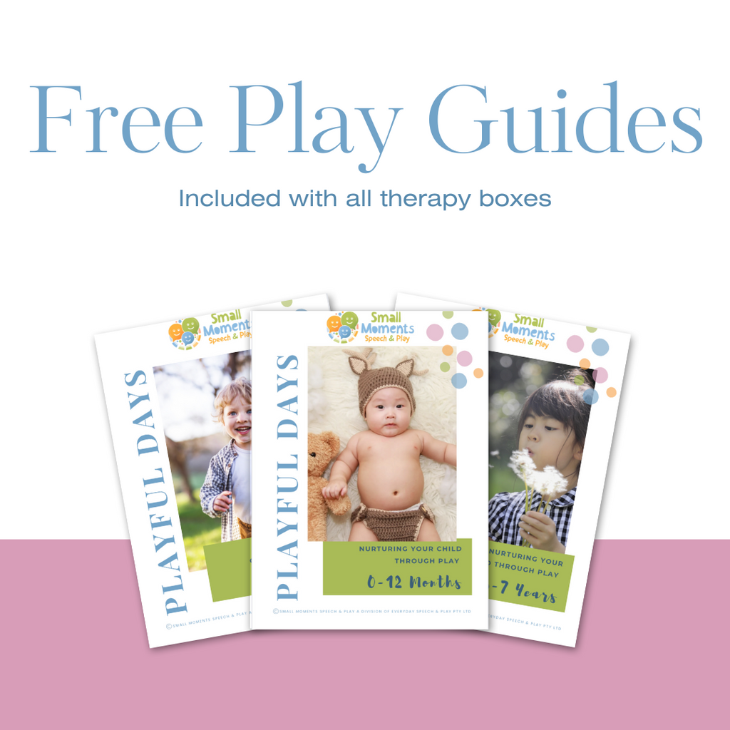 Image shows examples of three play guides for different ages that are available with the at home therapy kits.