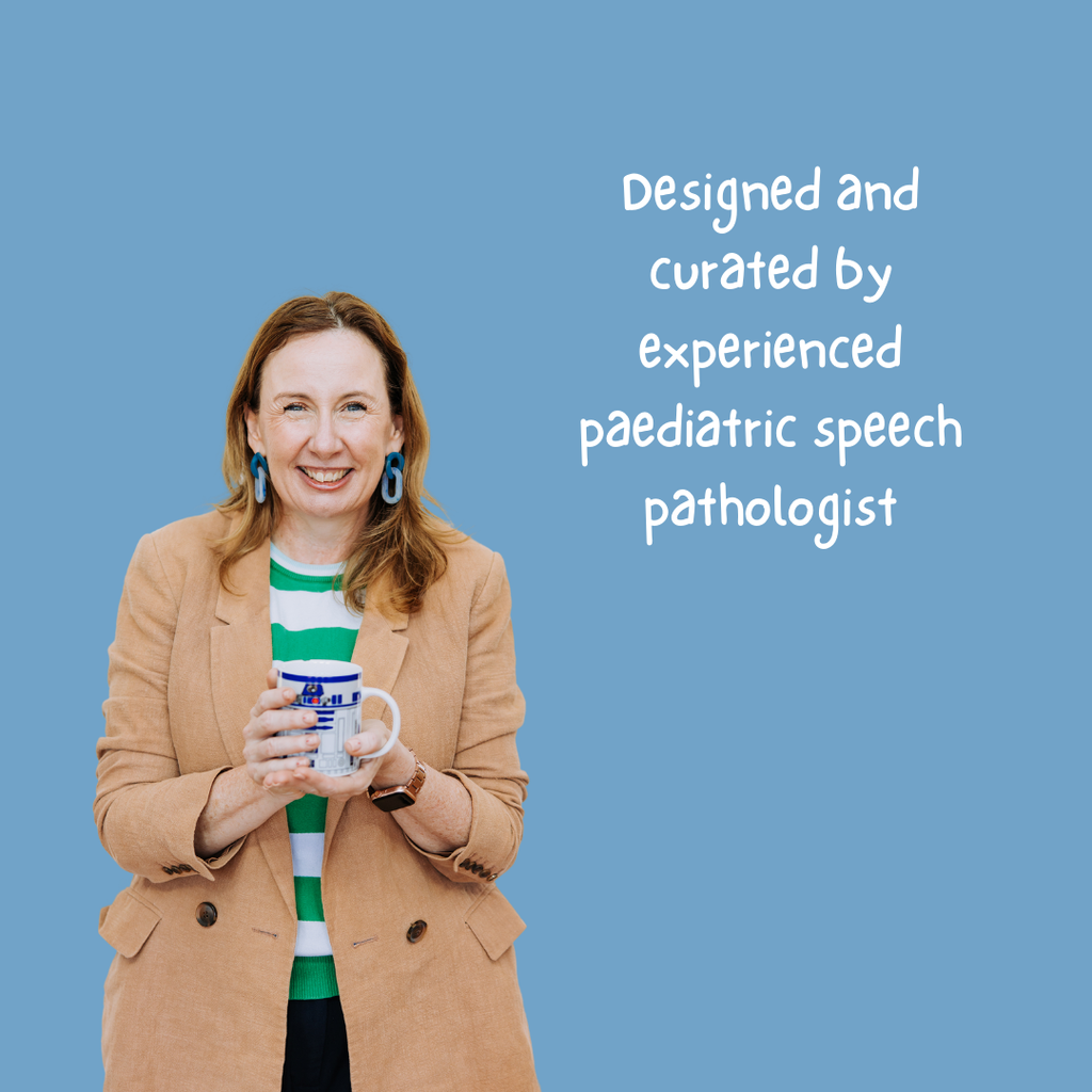 Image shows Kylie Toynton, owner of Small Moments Speech & Play. She has brown hair pale skin and blue eyes. She is wearing a tan jacket, green and white stripe shirt and blue loop earrings. She is holding a star wars coffee mug. Writing on image says Designed and curated by experienced paediatric speech pathologist.