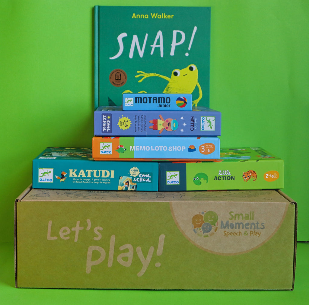 Image displays products featured in the Language For Life at-home therapy box focusing on language  development. Images shows, books, games, and therapy guide. Second of two images showing contents
