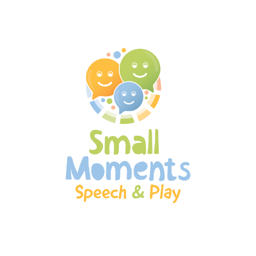 Image shows Small Moments Speech & Play logo on a white background. the logo is green, blue and orange and features 3 speech bubble faces.