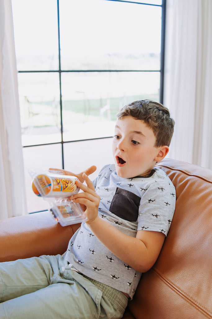 Boy engaging with speech therapy tools and activity resources.