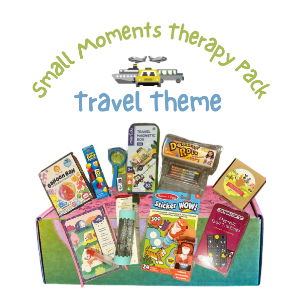 Image shows a range of products included. They are inf front of the box the kits comes in. There are craft, play, sensory, language and imaginative toys included